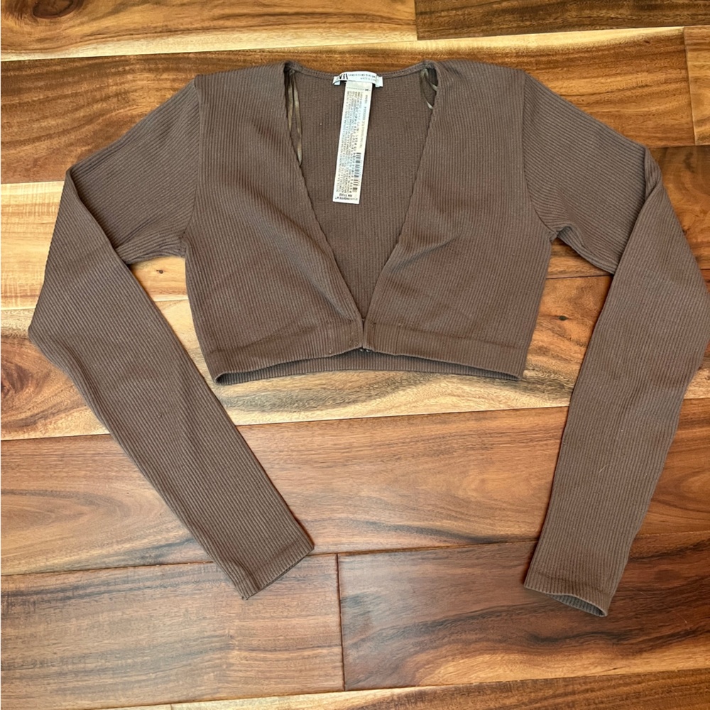 Zara Brown Ribbed Knit Cropped Top with Hook in Front